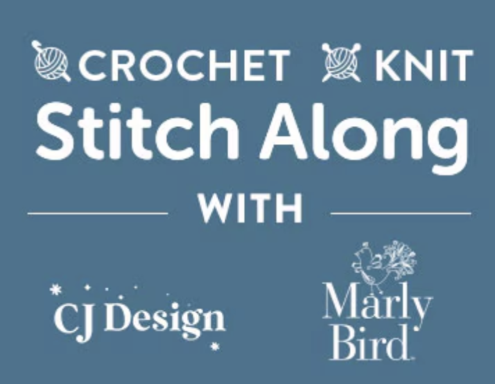 A blue graphic with white text and yarn symbols reads: "CROCHET KNIT Stitch Along with CJ Design Marly Bird." The CJ Design logo features stars, and the Marly Bird logo includes a bird drawing. Join us for the JOANN Fall Stitch Along 2024, featuring our Knit Cocoon Cardigan project! -Marly Bird